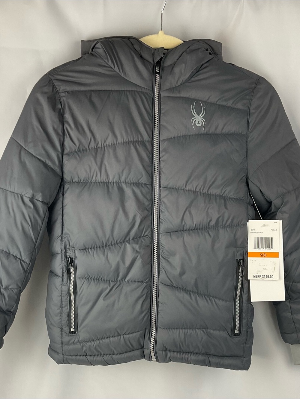 Spyder Boys Puffer Jacket Size 8 S Gray Polar Hooded Insulated NWT $149
